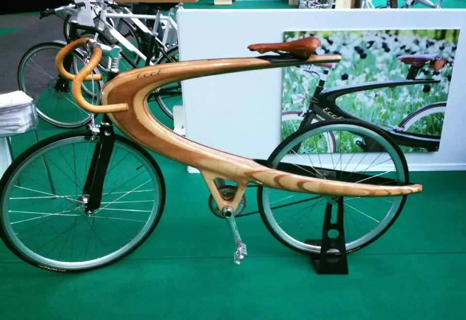 A wooden Opus prototype on display at LikeBike Monte Carlo