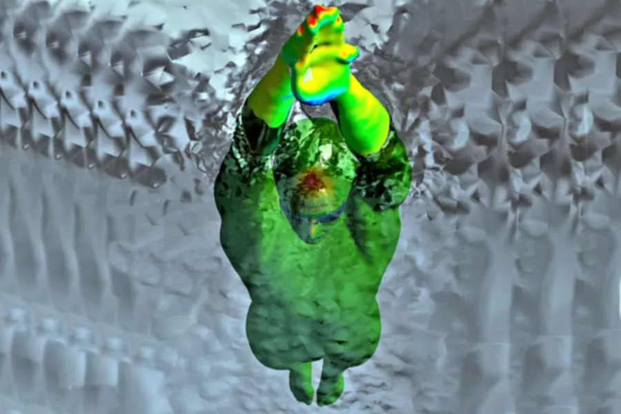 A free-surface simulation of the forces experienced when diving helped in the design of Speedo's Fastskin3 racing system (Image: ANSYS/Speedo)