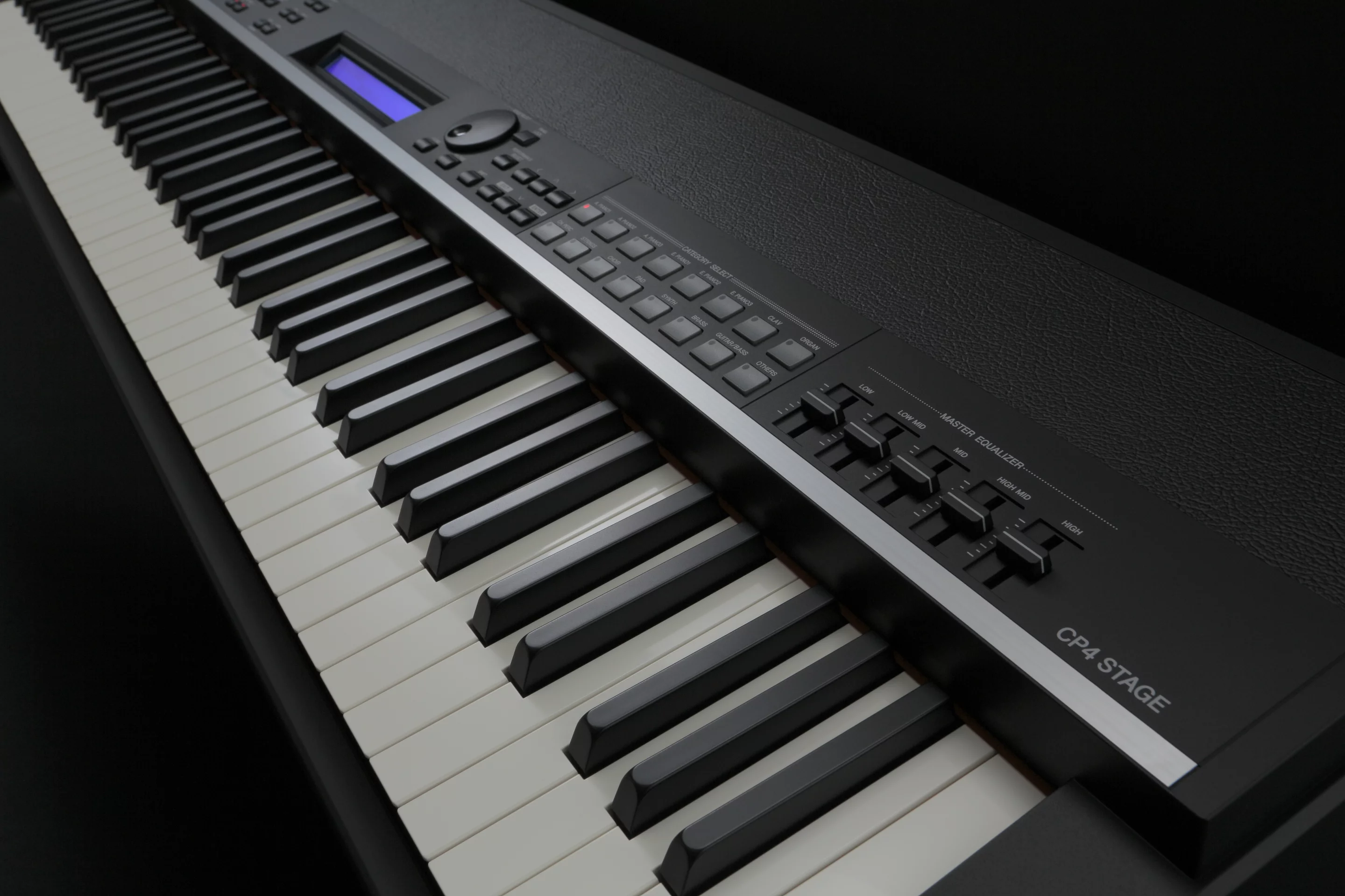 The CP4 Stage's UI includes voice category buttons for quick sound selection, five band master EQ control and a 40-character LCD display with back lighting