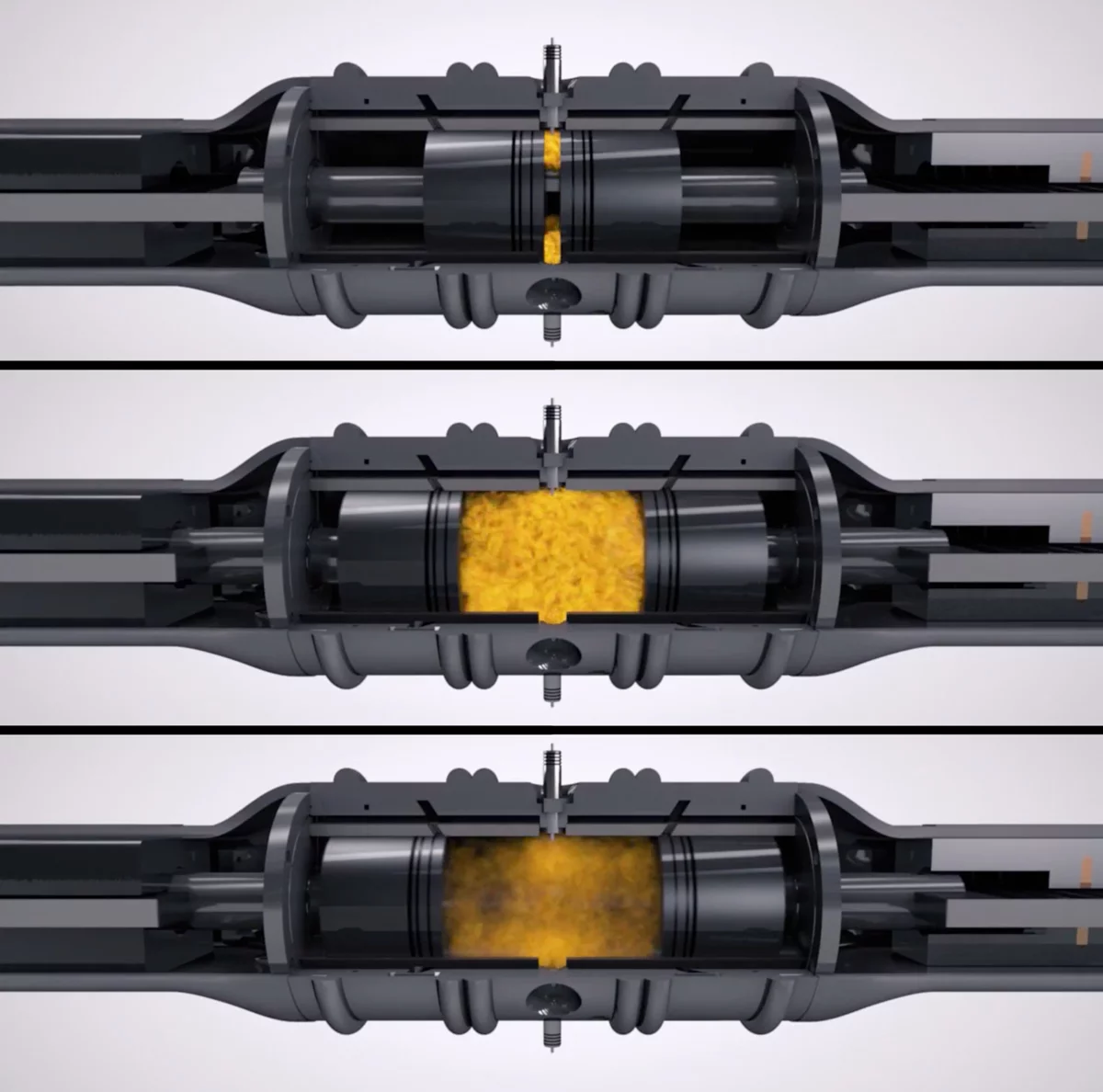 The fuel-air mix ignites in the free-piston linear generator's central combustion chamber
