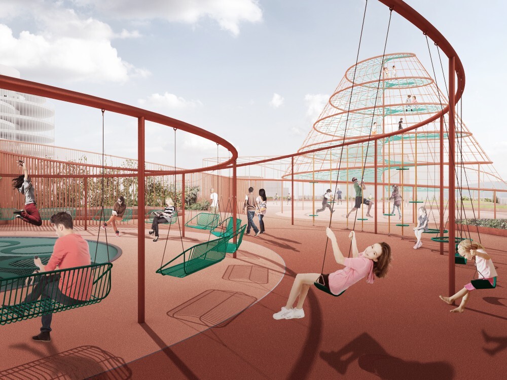 The roof-based playground features some quite involved looking play structures (Image: JAJA Architects)