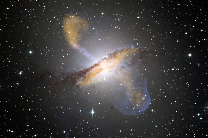 A composite image of the galaxy Centaurus A, the jets of which have now been imaged in higher resolution than ever before