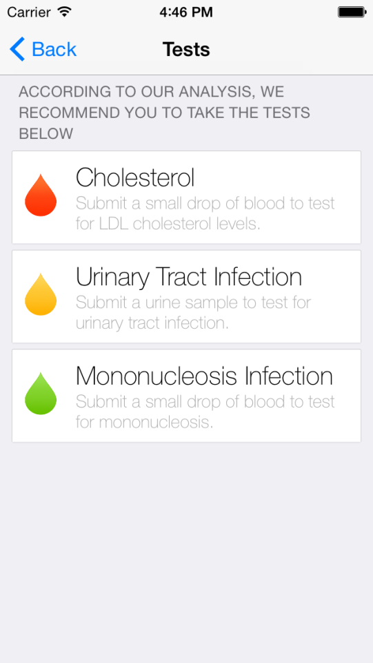 Follwing an initial analysis of a user's vital metrics and user-defined symptoms, the app will suggest tests that the patient could carry out to assist in a diagnosis (Image: Aezon)