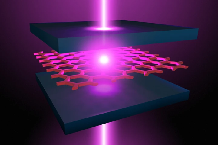 An illustration of a device that can create particles with negative mass, thanks to an atomically thin semiconductor material placed inside the optical microcavity of a laser