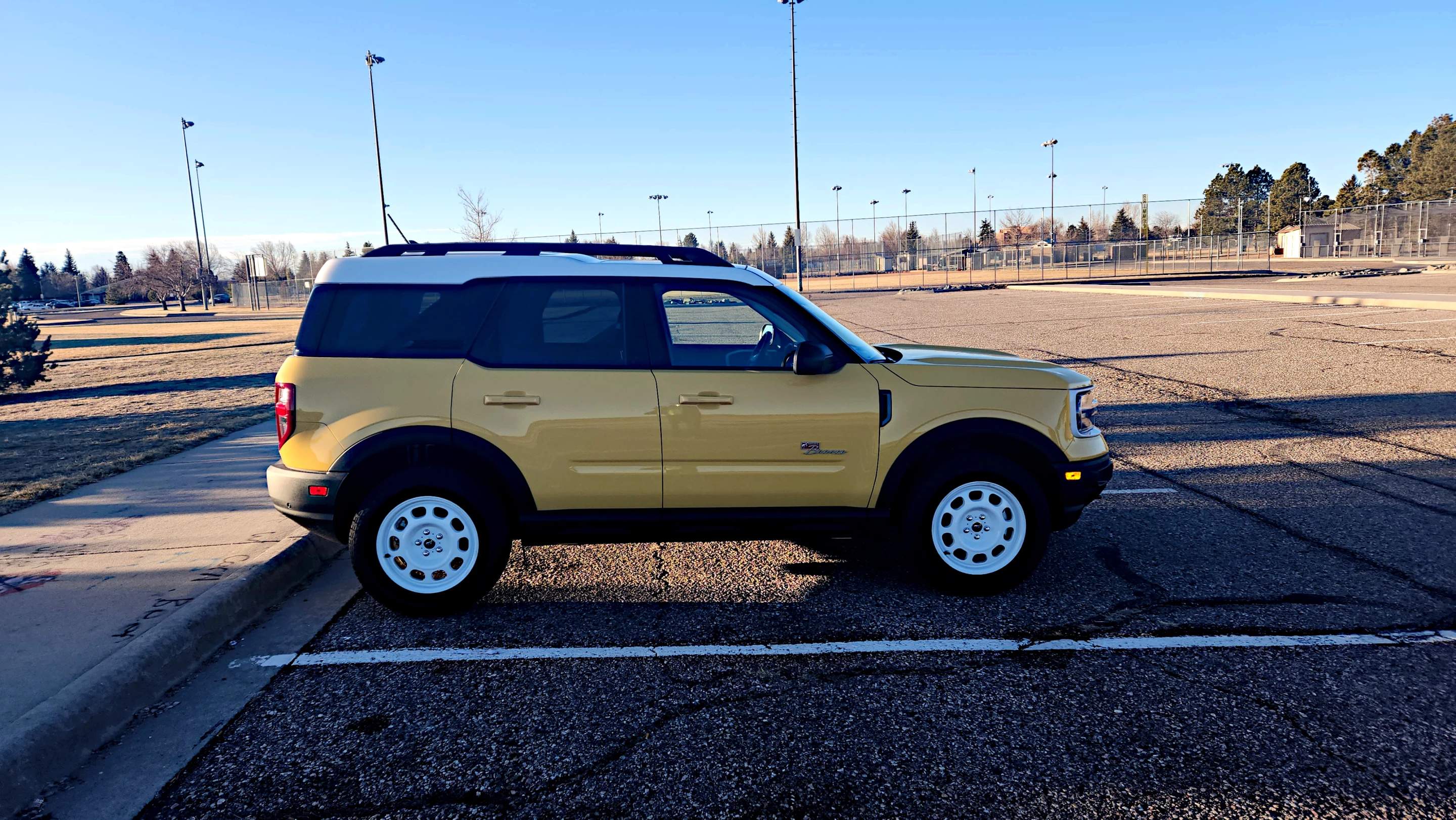 Two-tone paint in 1960s colors and wheels made to look like stamped steel are Heritage model eye-catchers