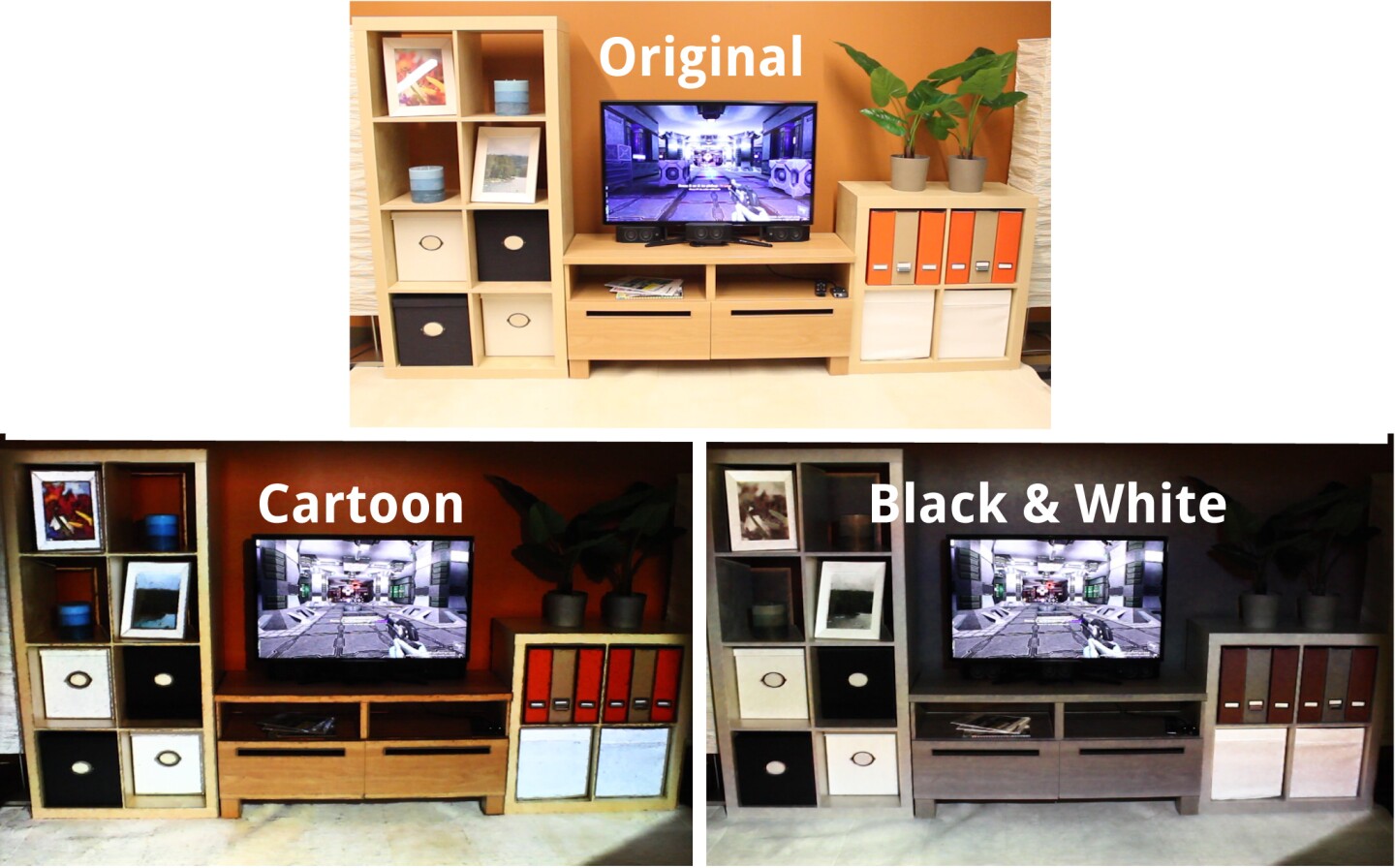 By overlaying objects in the room with corresponding bright colors and dark outlines for example, it can give everything a cartoonish look, or it could cancel the colors out for a black-and-white appearance