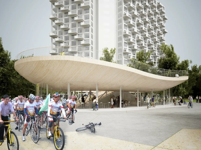 NL Architects also claims the high, protruding roof could be "very welcome" in South China's tropical climes, presumably for the shade casts in the immediate exterior