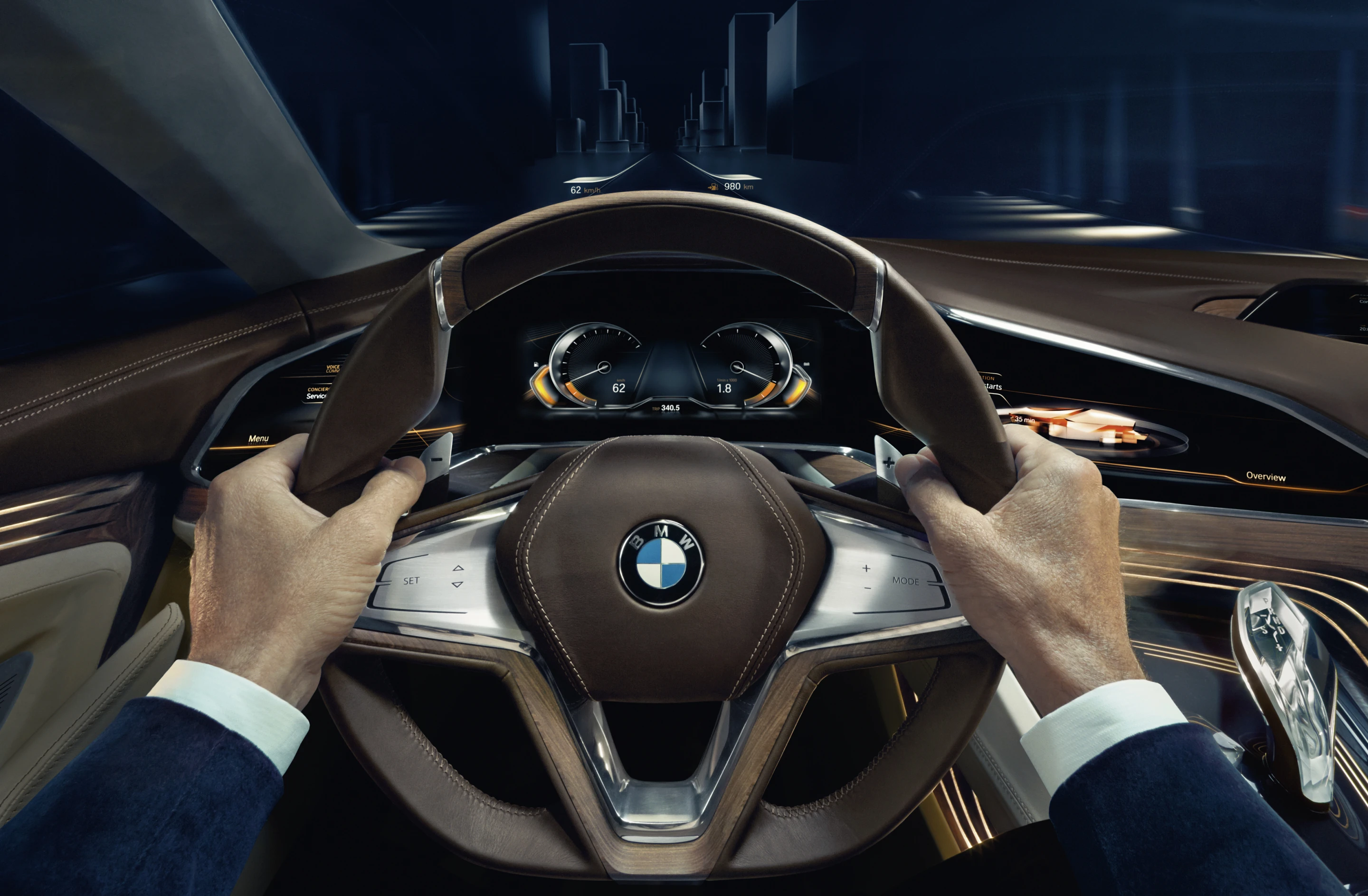 A head up display and three-screen digital display provide driver information