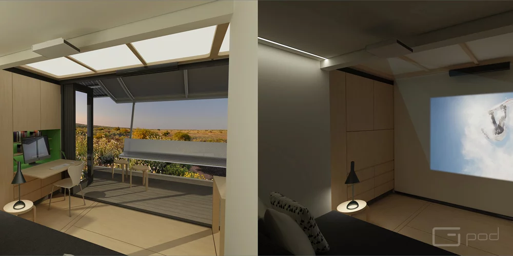 The Dwell's expanding system turns it from 14.8 sq m (160 sq ft) to 37.1 sq m (400 sq ft), including the deck (Image: G-pod)