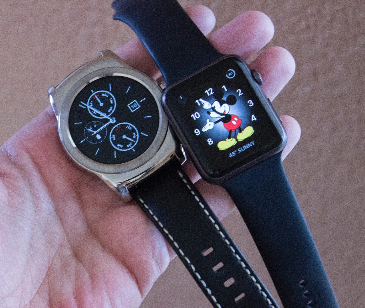 The LG Watch Urbane has a stainless steel body, while the Apple Watch Sport we handled has an aluminum one (steel and gold versions are also available)