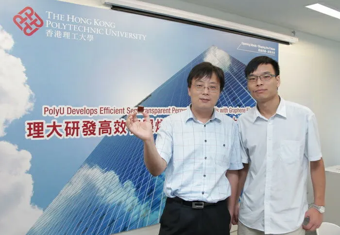 Creator of the semi-transparent, efficient, low-cost perovskite solar cells with graphene electrodes, Doctor Yang Feng (left) of Hong Kong Polytechnic University