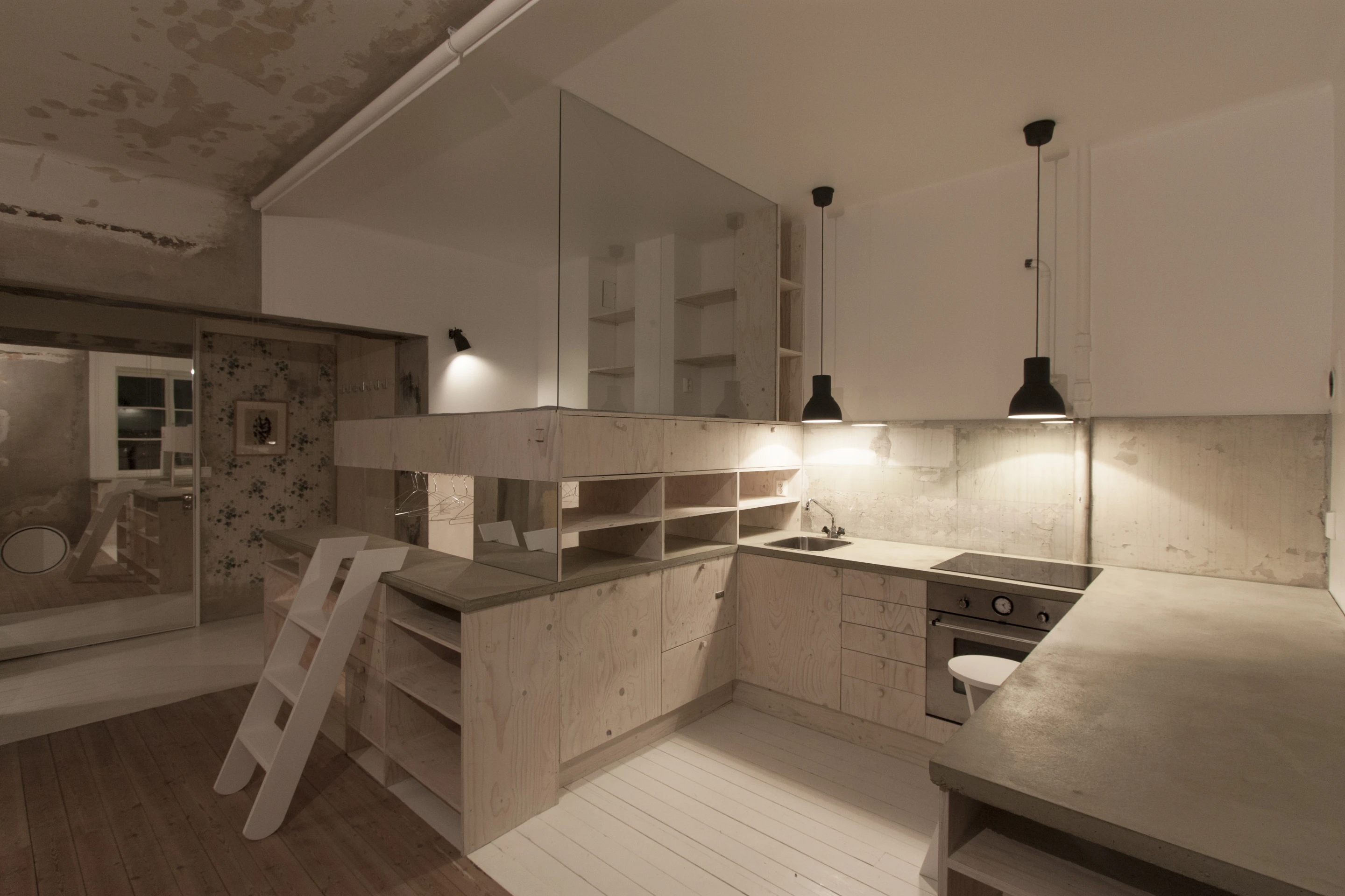 The interior features a kitchen/bed/wardrobe zone made from a single structure