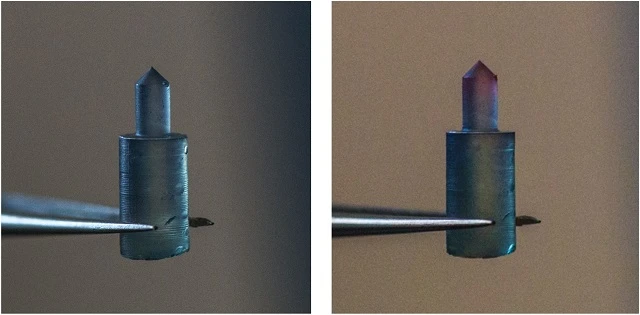 A silk fibroin pin changes color from blue to red when the force applied reaches the material's yield point