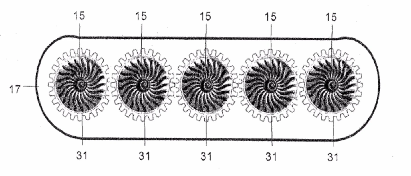 A series of fans linked by gearing