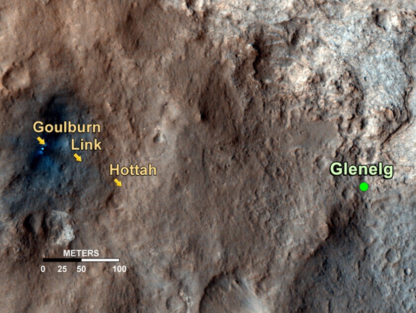 Map showing Curiosity's path on Mars and the three stream bed outcroppings (Photo: NASA/JPL-Caltech/Univ. of Arizona)