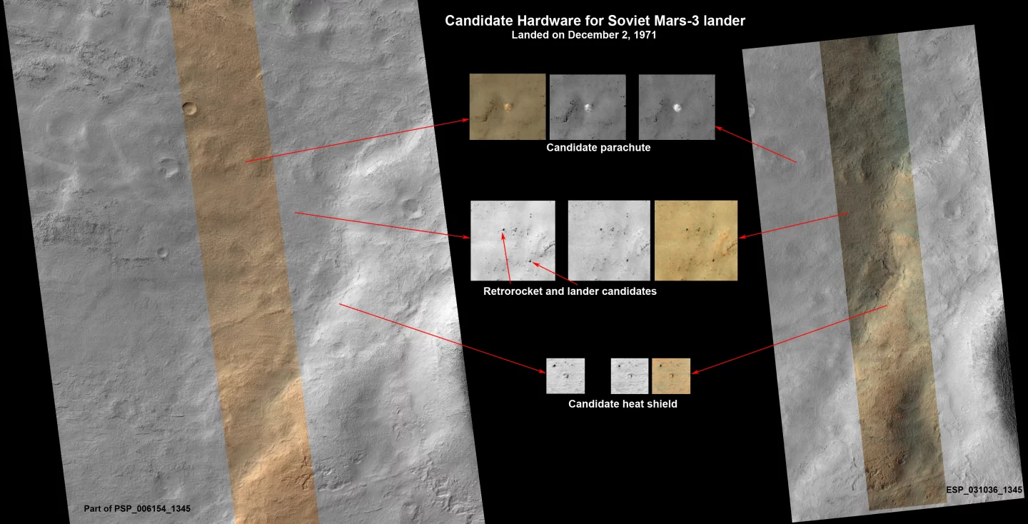 Mars Reconnaissance Orbiter images showing possible Mars 3 hardware (Image: NASA/JPL-Caltech/Univ. of Arizona)