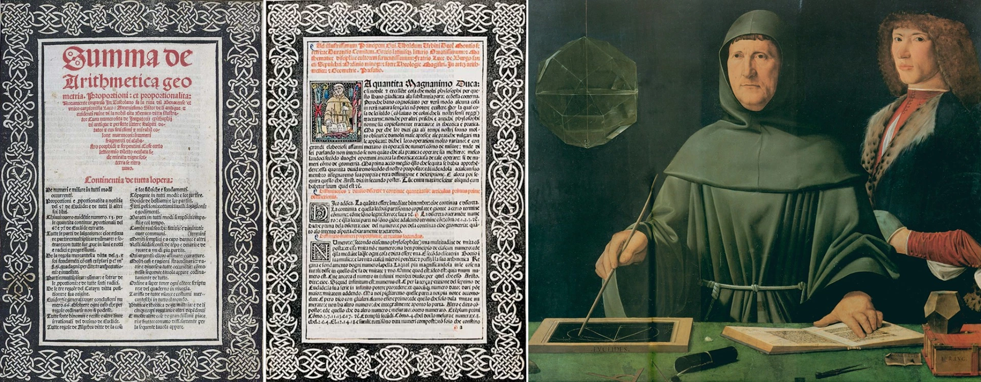 This particular example of Franciscan friar Luca Pacioli's Summa di aritmetica geometria proporzioni e proporzionalita was the dedication copy (to Guidubaldo da Montefeltro, Duke of Urbina), and has since been part of several of the greatest private libraries ever known. This publication is of one of the most influential works of all time, being the first work on general mathematics ever printed, being written by the man who taught mathematics to Leonardo Da Vinci (pictured at Pacioli's left in the above image) and most importantly, this was the first book to offer a detailed description of the double-entry accounting system, making Pacioli the "Father of Accounting". Many of the illustrations for the book, including the elaborate drop caps at the beginning of each chapter, were done by Pacioli's star former pupil, Leonardo.