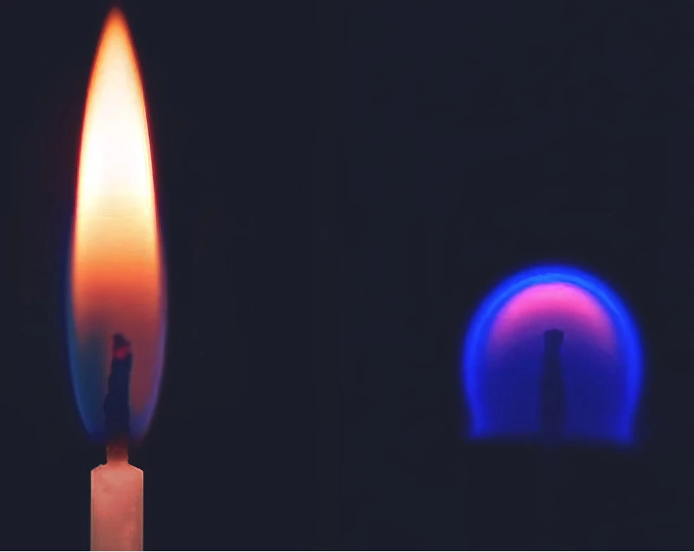 The behavior of a flame in normal Earth gravity, left, and in microgravity, right, provides a good example of how different results can be in space, where heat has no "up" to rise toward