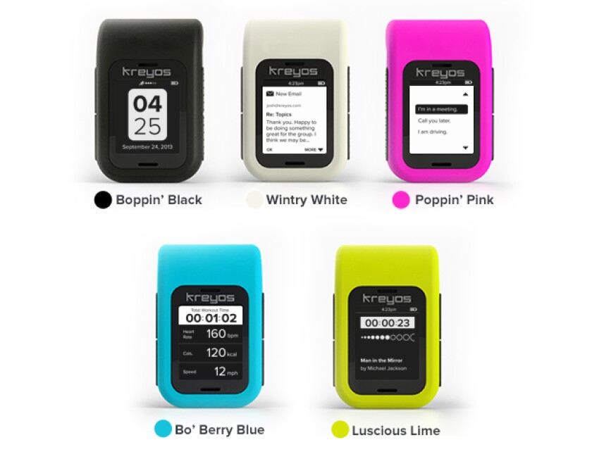 The Kreyos Meteor smartwatch can be worn on a belt with a clip, which come in a range of different colors