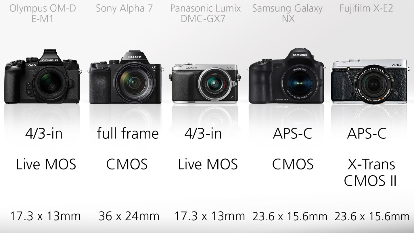 The size of sensors deployed here range from the 4/3-inch type (17.3 x 13 mm) ones in the Olympus and Panasonic, right up to the full frame (36 x 24 mm) monster lurking in the Sony A7