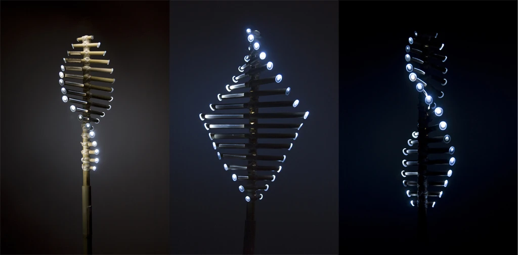 At the tip of each bamboo blades is an LED module that lights up when the vertical turbine catches the wind