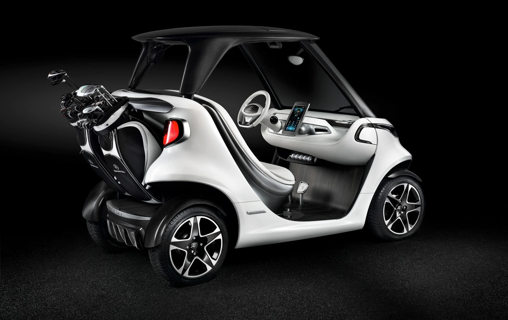 The golf bags are stored at an angle so golfers can easily slide clubs in and out