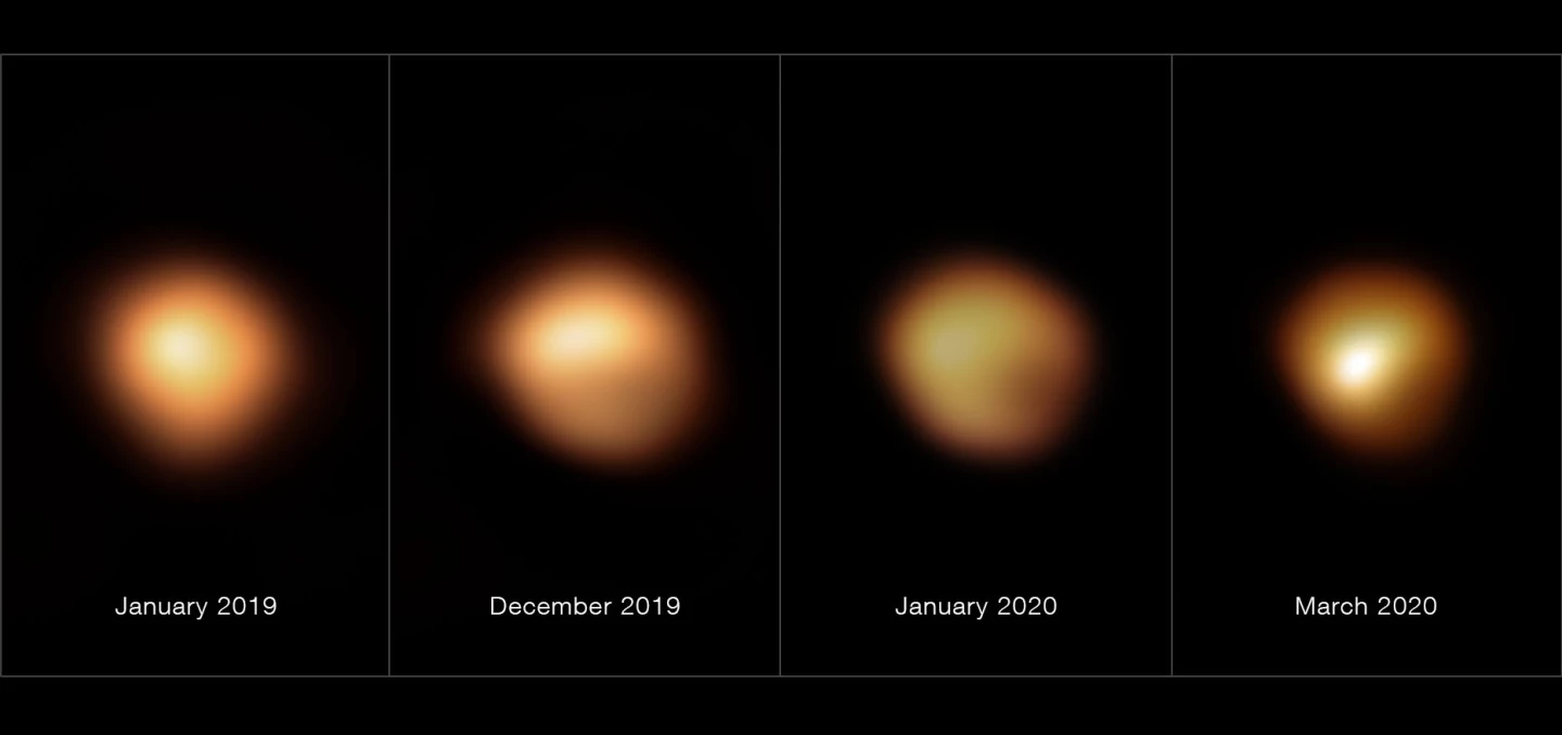 Images of the supergiant star Betelgeuse taken at different times, showing its progression through its dimming event