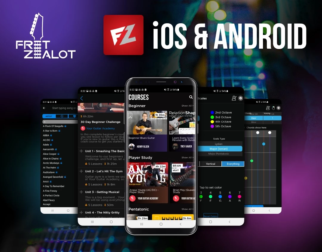 Fret Zealot 2 works with a mobile app for access to thousands of chord shapes, scales in any key, video tutorials and 100,000 songs