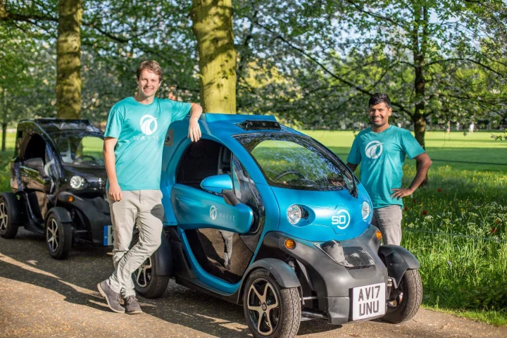 Wayve co-founders Alex Kendall and Amar Shah. Their fast-learning AI autonomous car is now doing short trips on unfamiliar roads in the UK.