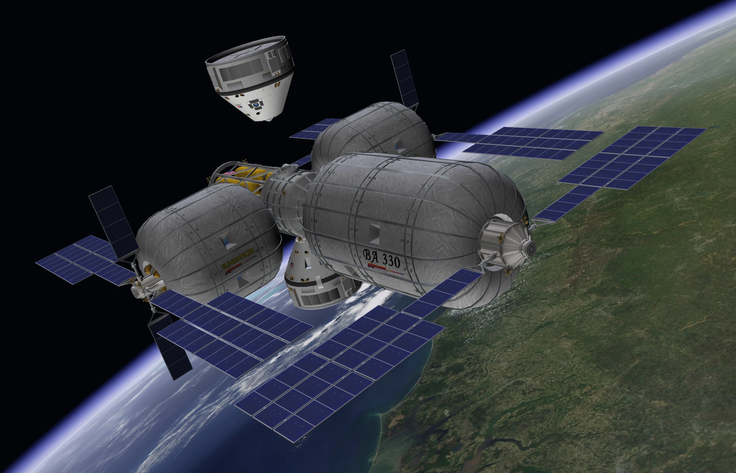 The CST-100 is designed to transport crew to the ISS and private space stations such as the proposed Bigelow Next-Generation Commercial Space Station (Image: Boeing)