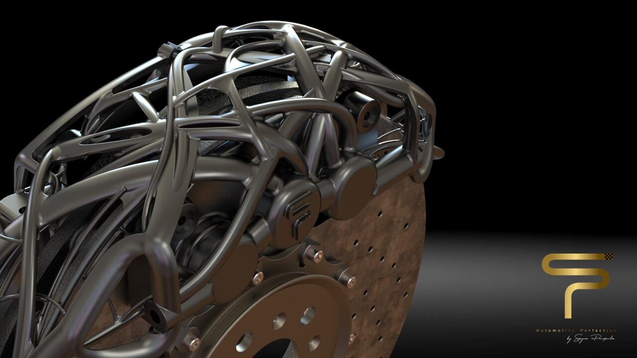 The alien, organic shapes of the "anadiaplasi" process. This is a close-up on the brake caliper design