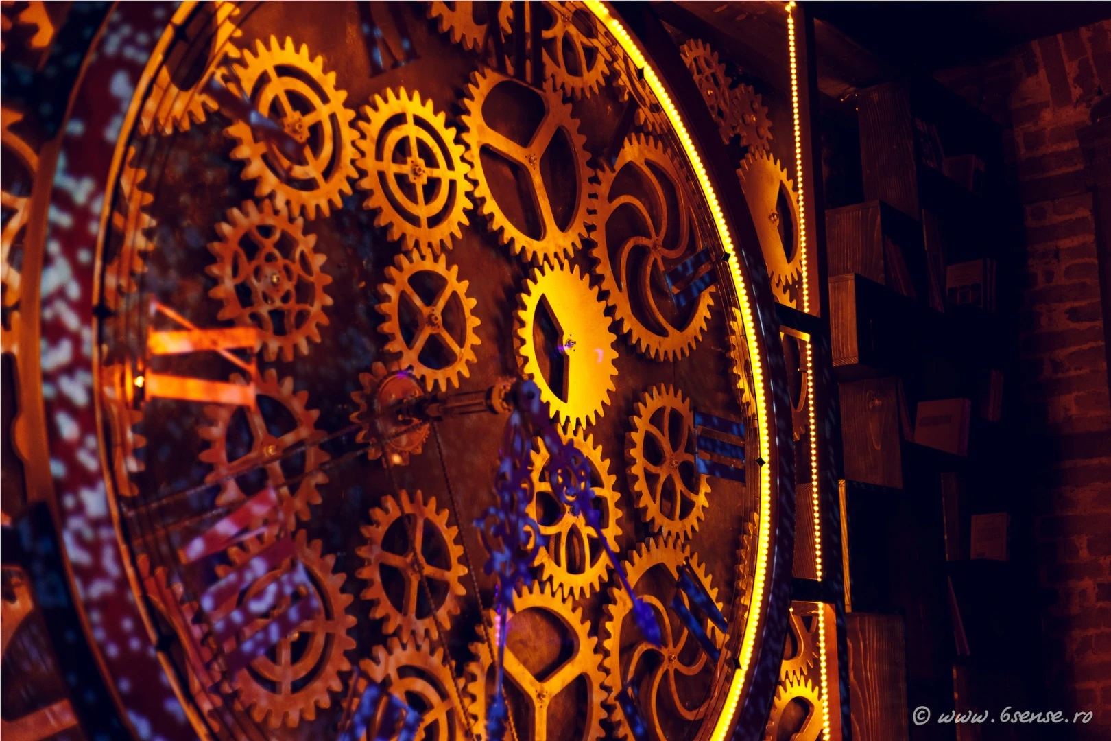 The back wall is dominated by a clock