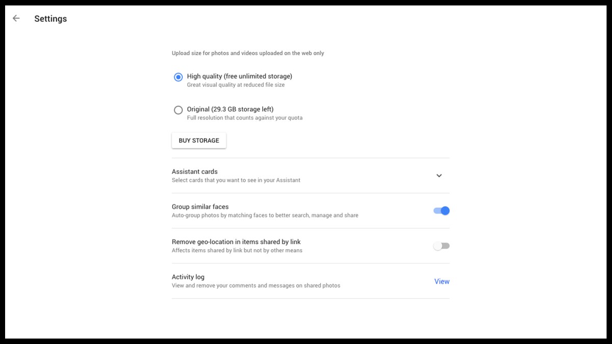 Google Photo settings let you choose to upload in "High quality" or "Original"