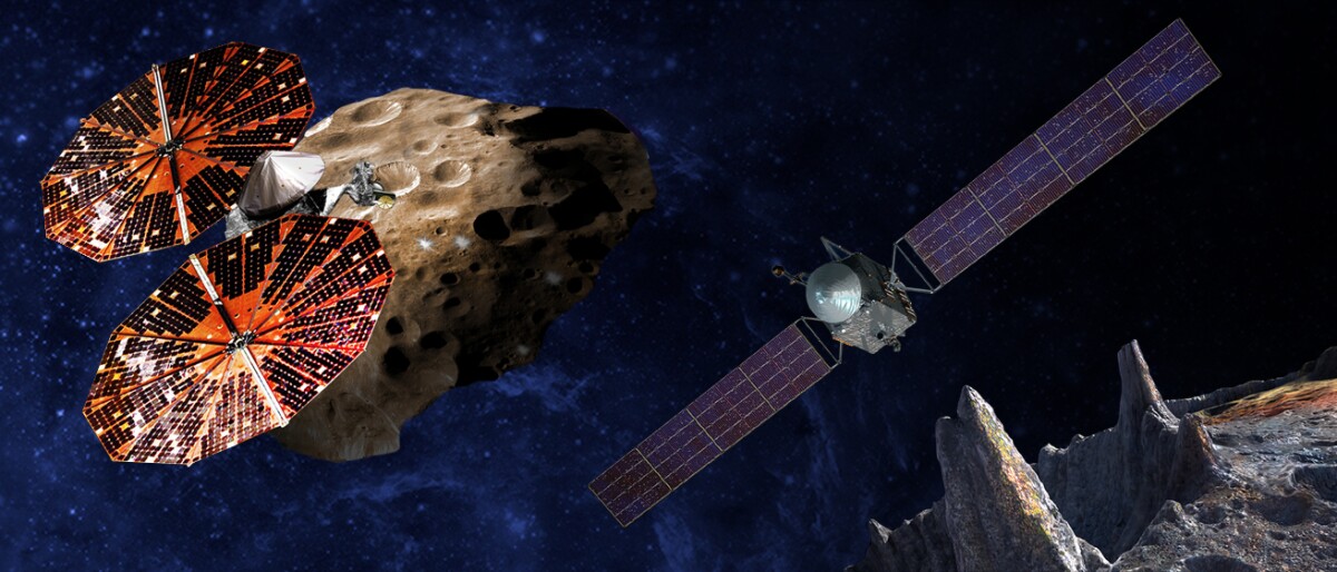 Lucy, on the left, will probe six Trojan asteroids for clues about the early Solar System formation while Psyche, on the right, will visit a rare metallic asteroid that could be the core of a long-vanished planet