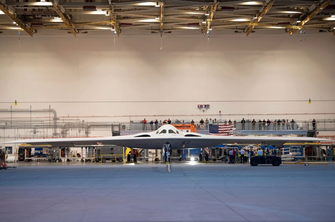 A full wingspace view of the B-21