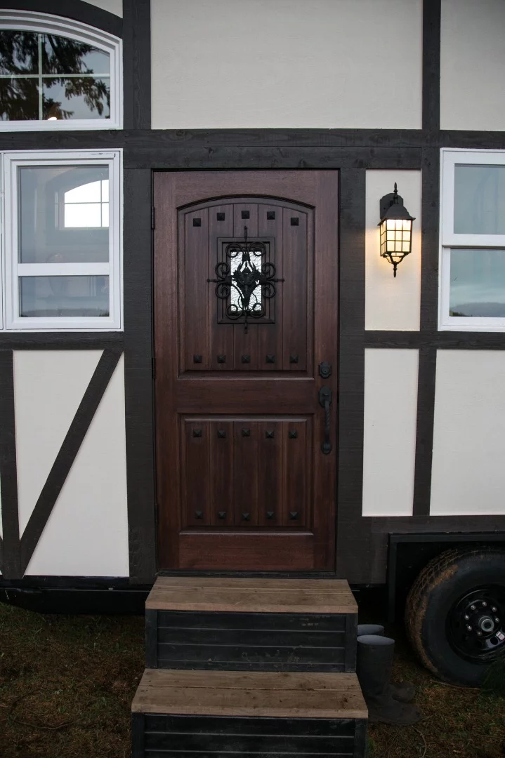 As its name suggests, the Tudor-style tiny house is designed in a mock Tudor style