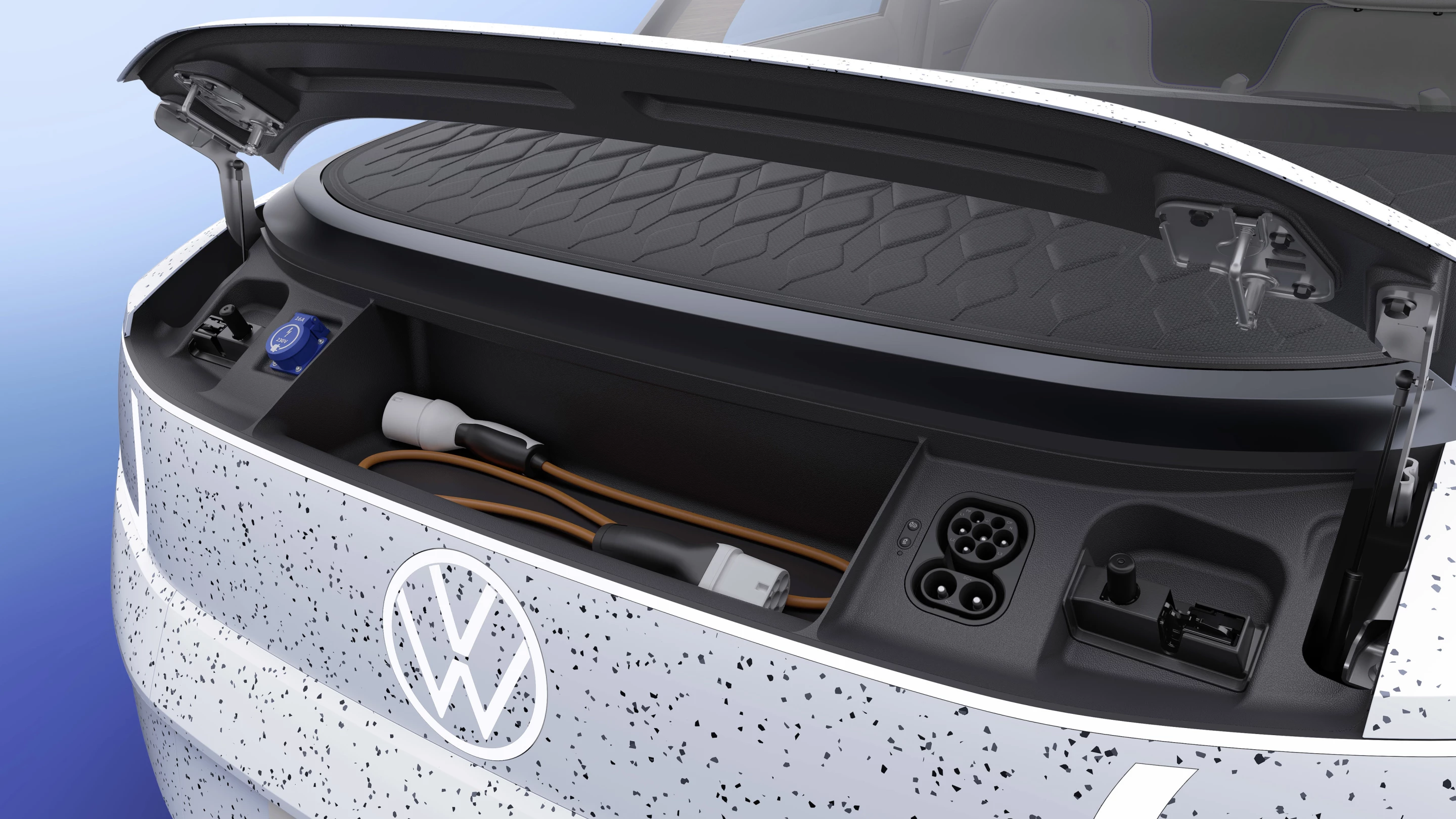 Charging hardware in a flip-up front compartment