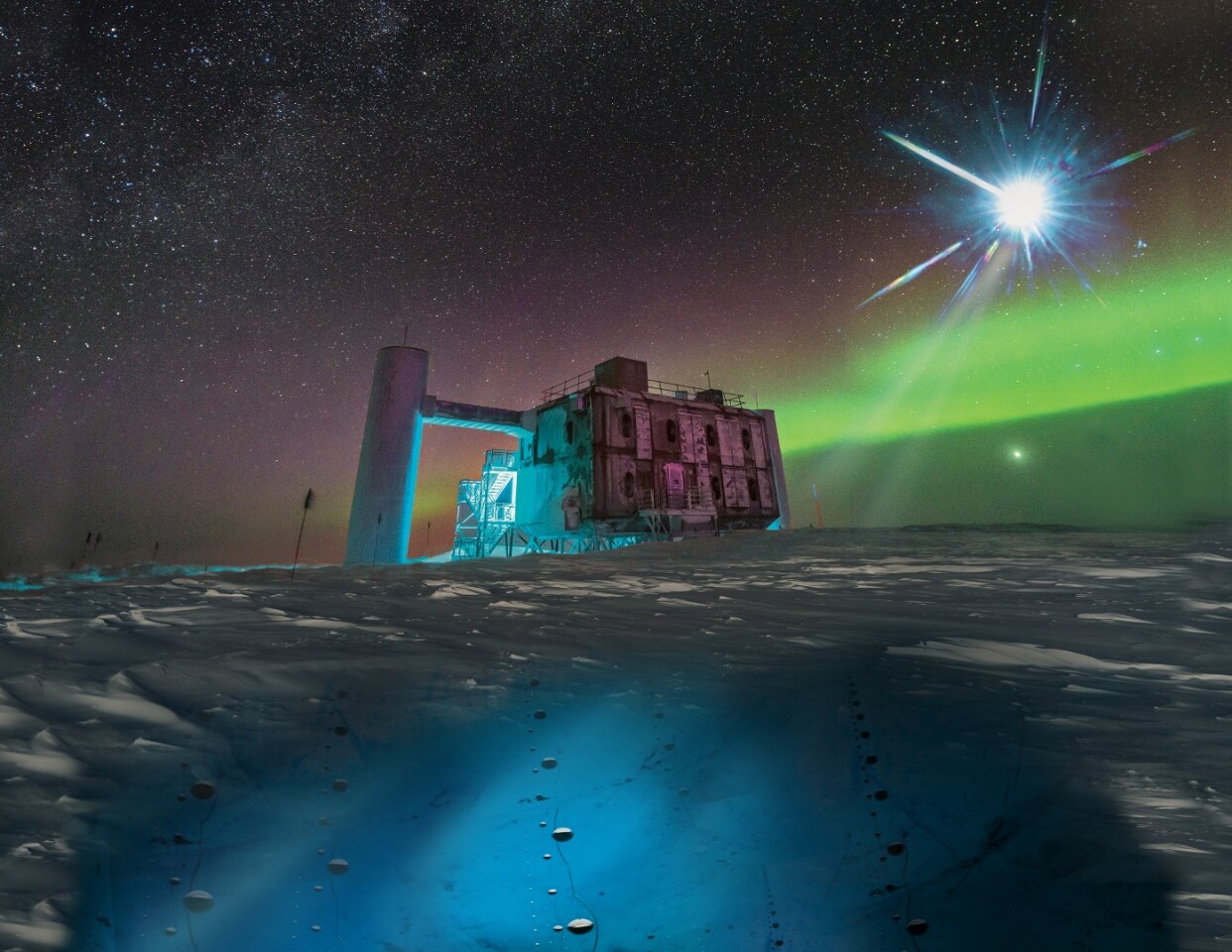 An artistic render of the IceCube facility, a blazar and the sensors that detect neutrinos under the ice