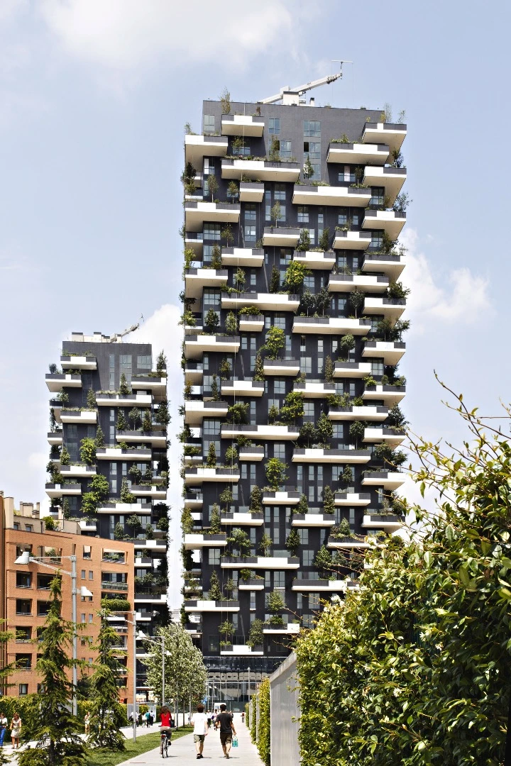 The Milan-based project comprises two greenery-clad residential towers rising to a height of 382 ft (116 m) and 279 ft (85 m), respectively