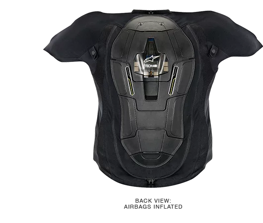 The airbag protects the rider's back, kidney areas, chest and shoulders