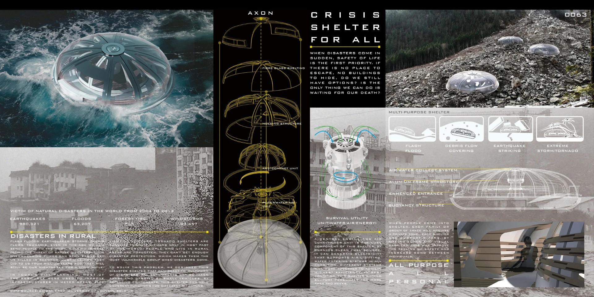 Honorable Mention - Crisis Shelter for All. Designer notes: "When disasters come in sudden, safety of life is the first priority. If there is no place to escape, no buildings to hide, do we still have options? Is the only thing we can do is waiting for death? This is what happens to people who live in the rural area all around the world. To solve this problem, we designed this disaster shelter that can react to the multiform of disasters. All components can be taken apart and carried by small vehicles."
