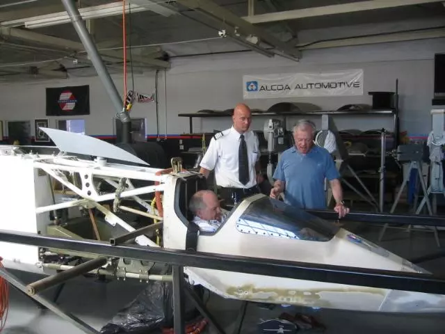 Steve Fossett gets his first opportunity to sit in the "Spirit of America" driver's seat (Also pictured: Craig Breedlove and Fossett's co-pilot