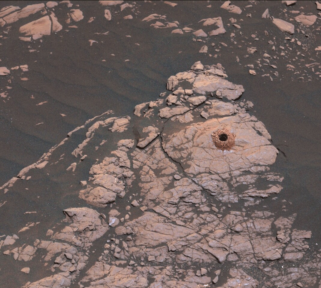 One of the holes drilled into the clay-bearing unit by the Curiosity rover on April 6, 2019