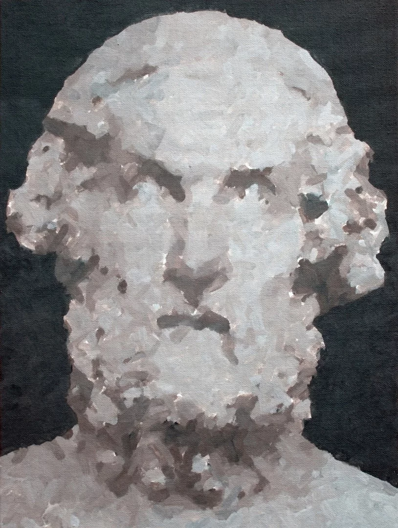 In this work by Ozpainter, eight colors are used, and brushstroke patterns designed prior to painting, using a program that generates brushstrokes according to predetermined rules. No feedback system is used