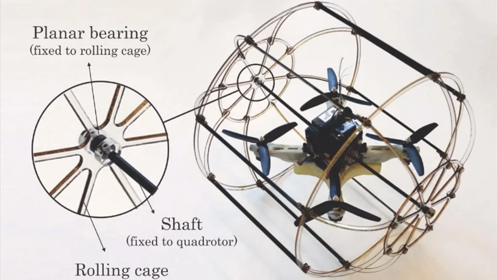The HyTAQ's quadrotor is joined to the cage via a shaft connect by two rotating joints