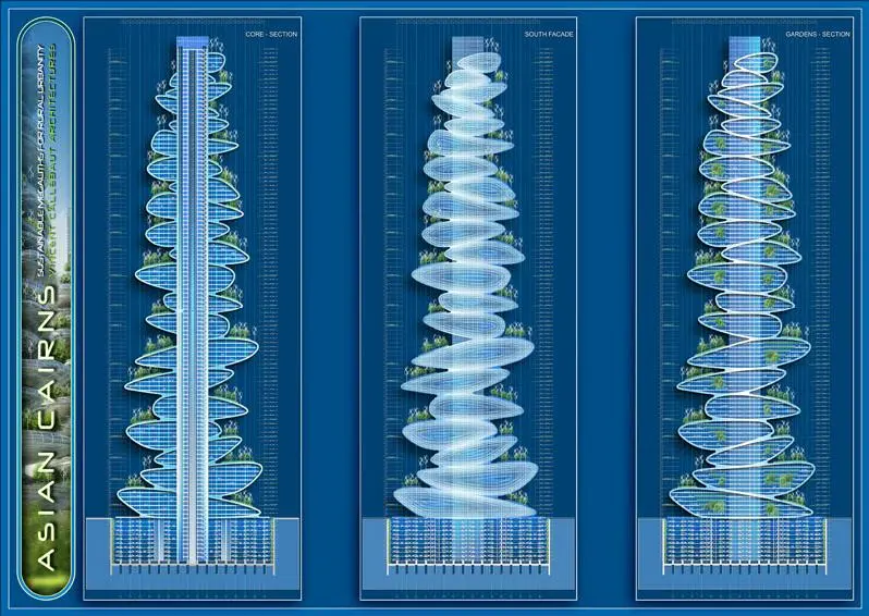 Each "farmscraper," as the group calls them, would consist of a central tower with a series of pebble-like sections spiraling upwards around it and growing smaller toward the top