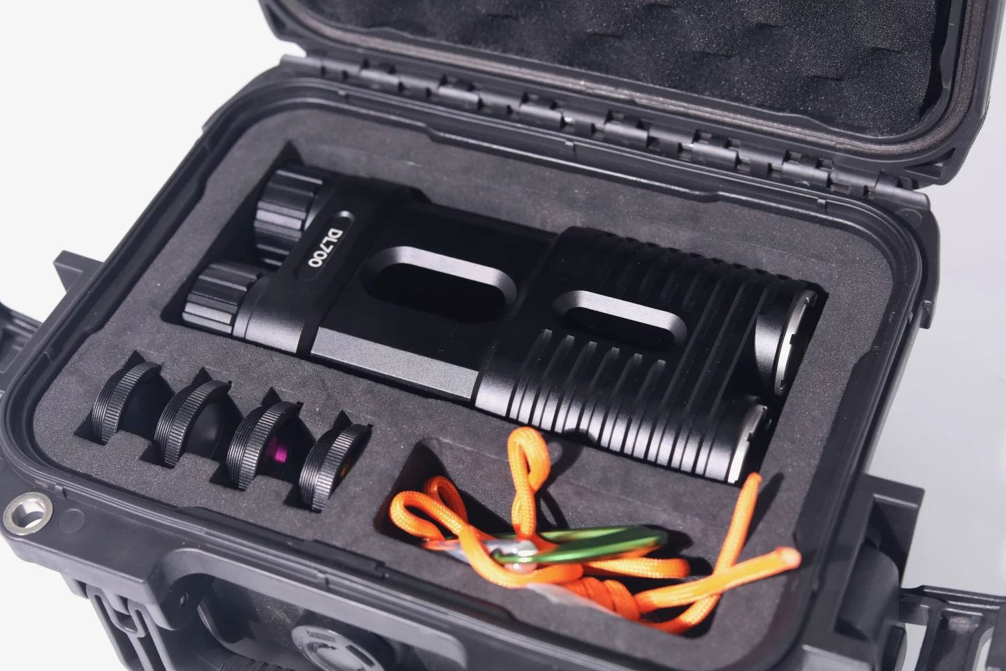 The DL700 with its included case, filters, wrist strap and carabiner