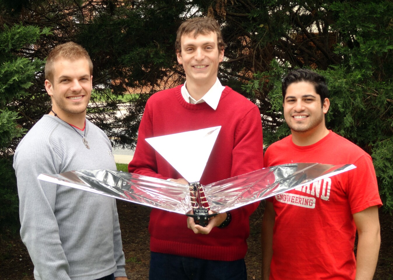 Students Luke Roberts, John Gerdes and Ariel Perez-Rosado with Robo Raven (Photo: University of Maryland)