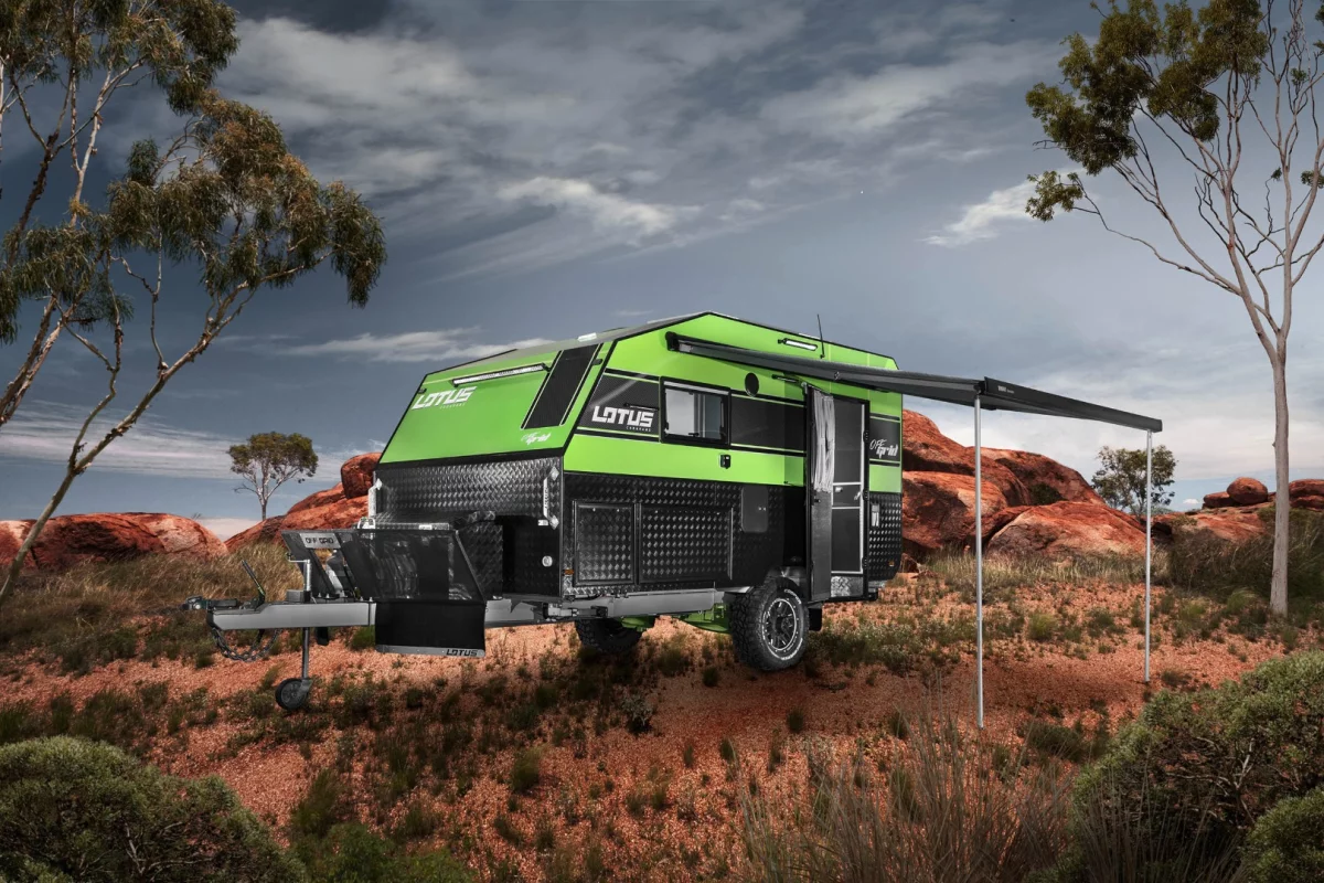 The Off Grid includes an awning and slide-out outdoor kitchen