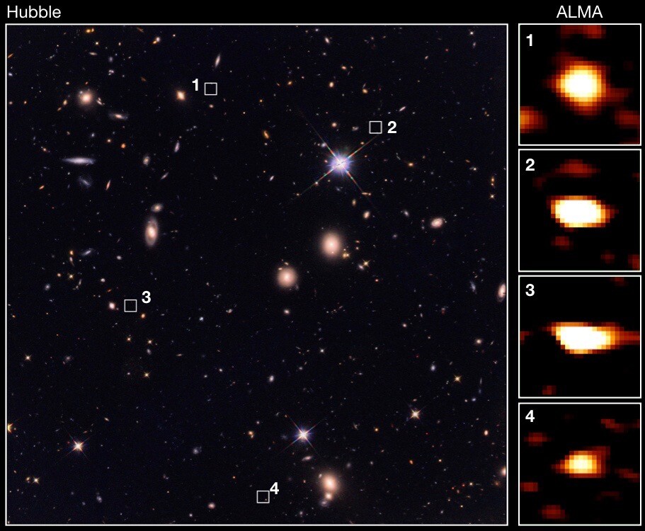 The infrared light given off by these newly-discovered galaxies is invisible to Hubble (left) but visible to ALMA (right)